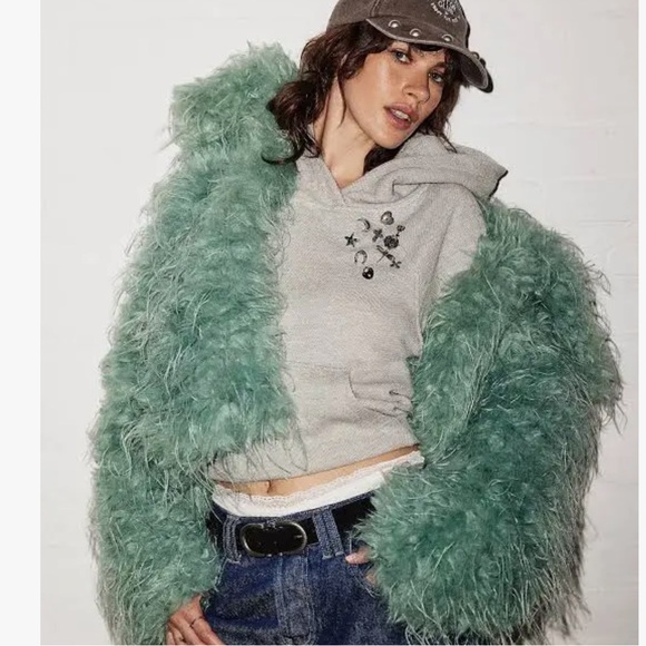 Free People  Women's Blue moonlight Teal furry fluffy fun faux fur Jacket - Picture 3 of 4